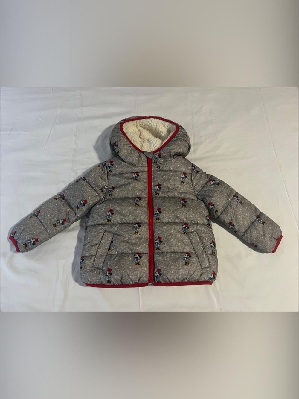preLoved GAP Grey Puffer Jacket with Red Trim and Mickey Print